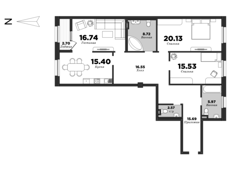 NEVA HAUS, Корпус 1, 3 спальни, 118.65 м² | планировка элитных квартир Санкт-Петербурга | М16
